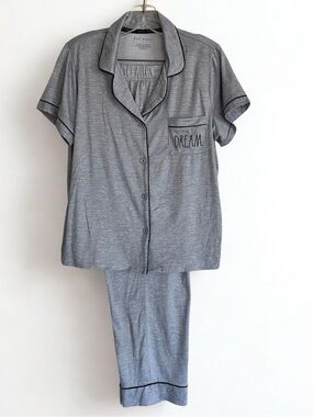 Rae Dunn Gray Pajama Set Women’s L Button Front “Dream” Short Sleeve Lounge Set